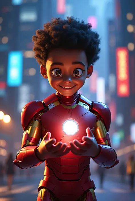 " Marvel Iron Man with a , in red and gold costume ,  holding a  ,  with short curly hair. Pixar style, with soft features,  helmet in a futuristic setting illuminated in blue and gold."



