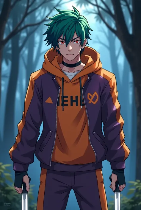  he creates an anime character with his right side of green hair and his left side of his hair blue , with his right eye of gold color ,  and his left eye of crimson red ,  wearing orange and purple sports clothing with a hood and also with two white dagge...