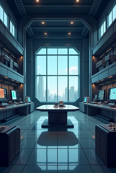 Background image Cartoon style technology center with With an oval table in the center, dark tones and one and many computer lights on and large windows