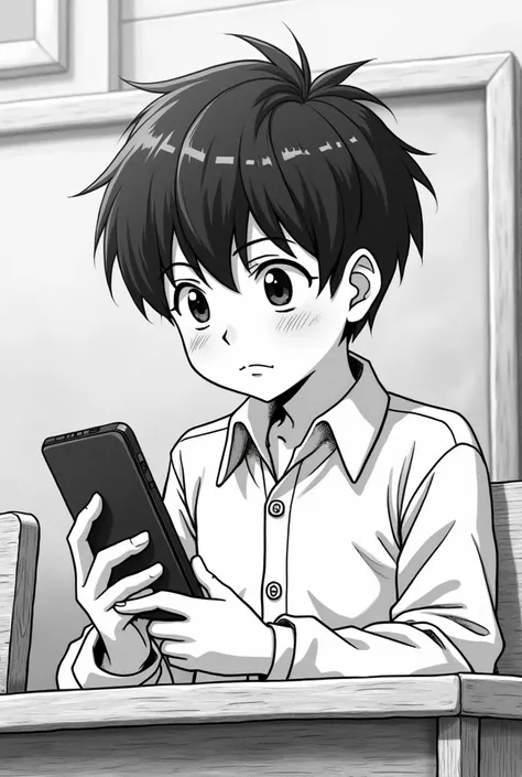 Generate a black and white pencil image in an old anime style of a boy looking at his cell phone against a class background, "and an image of a granola bar called Energy Fit " 