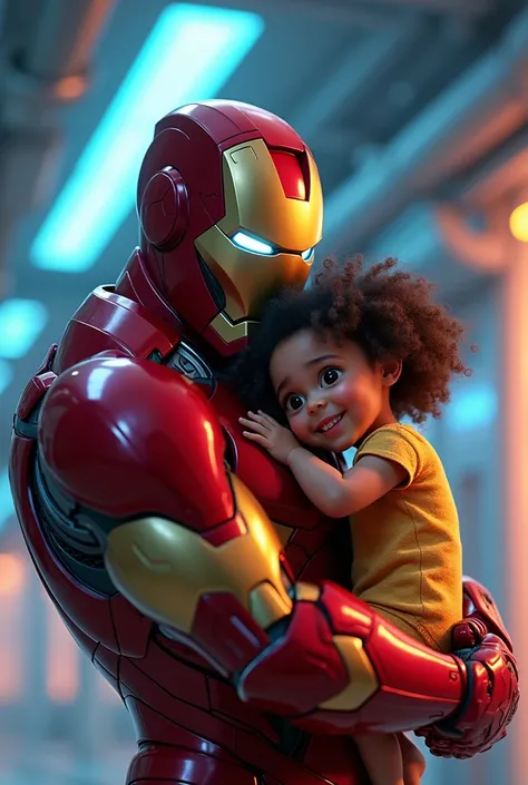 " Iron Man with helmet , in red and gold costume , holding her daughter , a   with white skin ,  short hair, dark and curled,  represented in the Pixar animation style .  The scene takes place in a futuristic setting illuminated in blue and gold,  highligh...