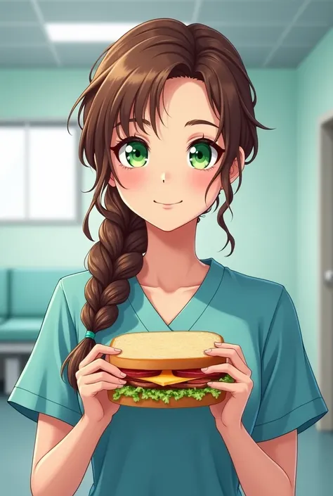 I want the drawing of a nurse with green eyes and a brown braid that has a dialogue sandwich