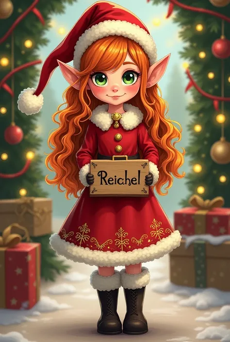 Christmas elf drawing , girl , long wavy hair color pumpkin ,  green eye color, red Santa Claus-like costume with high black boots,  wearing a wooden board with Reichel , with the Christmas background  