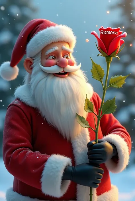  Santa Claus winking and giving away a red rose that on the front of the rose says Ramona and this rose has its eye petals falling : Name of Saint Cristina in front of the rose