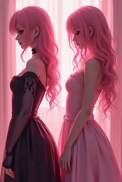 Succubus girl with pink pink hair and skin with beautiful clothes and profile makeup looking to the left and the same girl but in a human version with her back to the other girl looking to the right side 