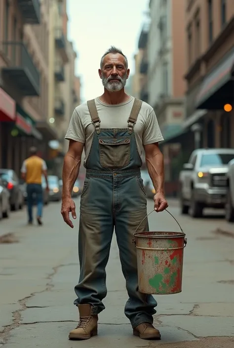 Create a hyper realistic man standing  in the street with a bucket of paint