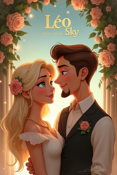 Disney , couple. Blonde woman with green eyes.  Brown-haired man ,  brown eyes and goatee beard and brown mustache. In the background written large Leo and Sky and wedding arrangements.