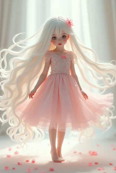 A girl with white hair is cut in a jellyfish style .  She wears a pale pink princess dress standing on her back.