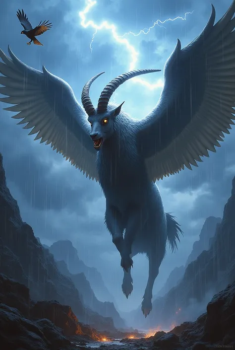 A dramatic digital painting of a swift falcon with sharp, glimmering feathers diving at a colossal goat with thunderous wings that dominate the stormy sky. The falcon’s talons gleam as lightning flashes across the scene. The goat’s scales glow faintly with...