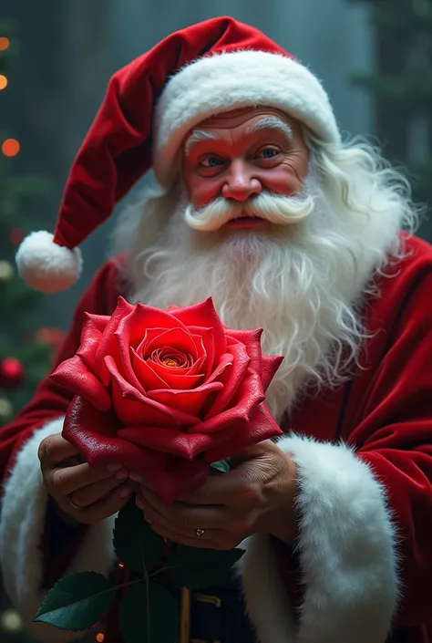  Santa Claus winking and giving away a red rose that on the front of the rose says Ramona and this rose has its eye petals falling : Ramonas name in front of the rose and the name big enough,  with the red letters but that they can be seen in the rose. 

l...