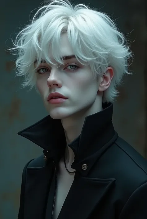 Generate a Little  vampire  boy with silver-white hair, charming yet with a serious demeanor, making them incredibly beautiful.

