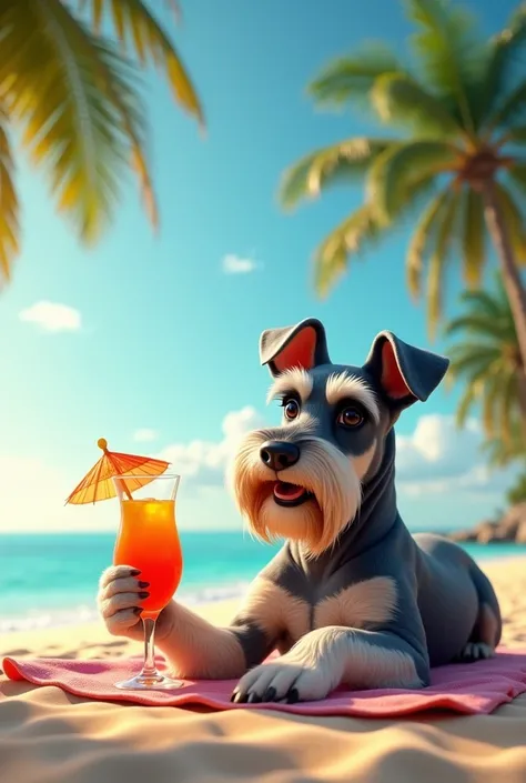 Schnauzer sunbathing on the beach with cocktail in his hand