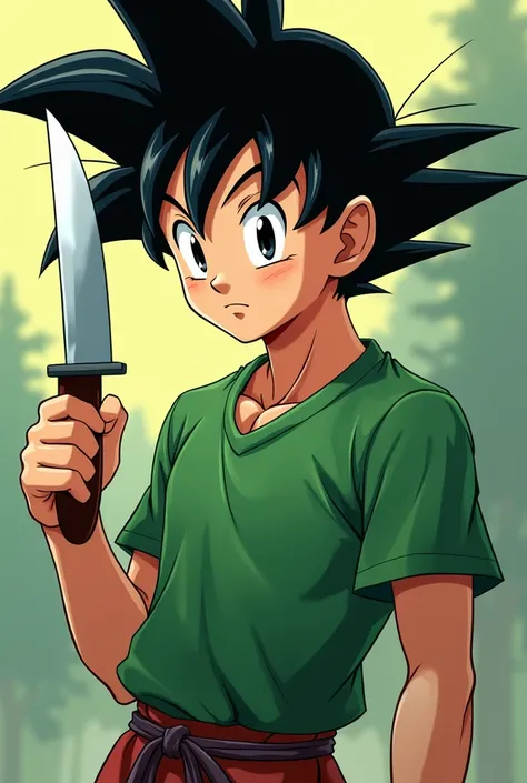  wearing a green shirt and black hair holding a knife ,  a digital painting inspired by the boy from the anime Toriyama Sekien ,  deviantart, shock art,  Dragon Ball style, epic anime style, dragon ball z style, cel - shaded art style, anime style characte...