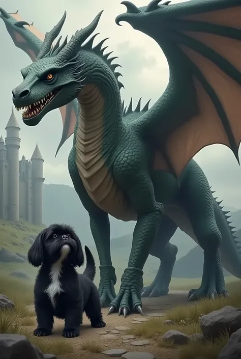 A medieval dragon and a black shih tzu with white breasts 