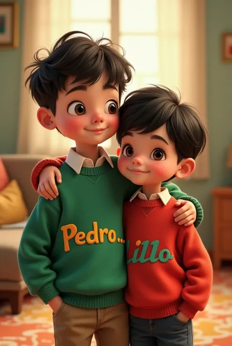 I want a boy ,  however , a green sweater with the PEDRO .. logo Next to you is your youngest friend with Black hair he has a red sweater with the LILLO logo