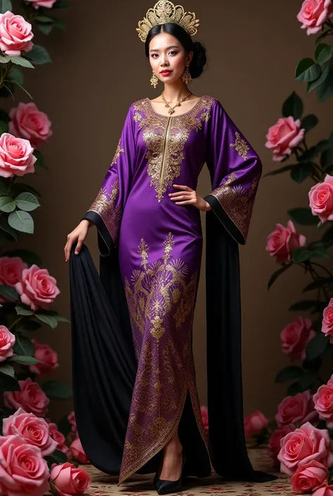 one malay woman wearing a inner hijab Wearing A Fully hijab dressed in a traditional malay songket kebaya in purple and gold and decorated with sparkling bead embroidery on the sleeves and the hem of the kebaya. with a traditional malay gold headdress. wea...