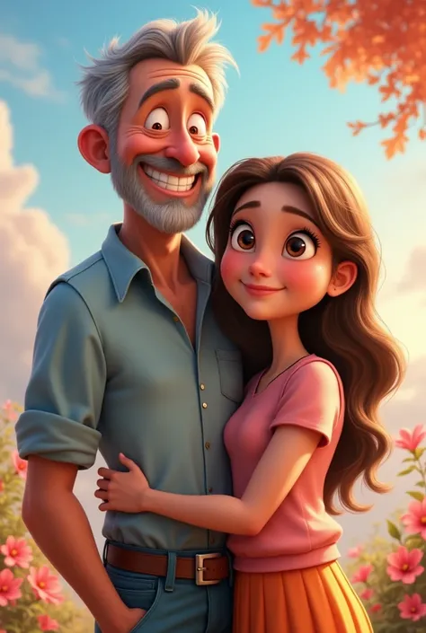 Image of a father with his twenty year old daughter in Disney Pixar style and the title says toupee and big toupee