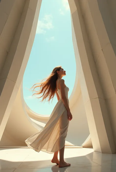 ((masterpiece)),(((bestquality))),((ultra-detailed)),1girl, solo, barefoot, standing, building, smile, floating hair, dutch angle, closed mouth, looking away, outdoors