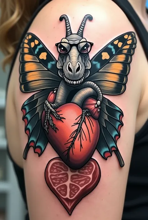 tattoo design. Butterfly embracing an anatomical heart with its wings , below the heart , The head of a tyrannosaurus rex with glasses and underneath the dinosaur an Iberian ham. That everything is integrated into the same design .