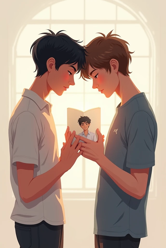  Create a digital book cover of two men a short  , white with black hair that reaches up to the ear and a tall brunette with short hair ,They are a couple and they are looking at a 2D digital drawing of this image 