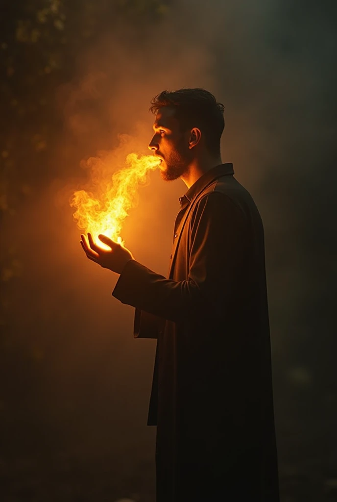 A person speaking and amber light comes out of their mouth 