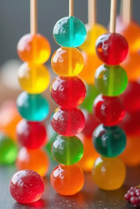 generate a food named jelly balls which the jelly balls are colourful and every 5 pieces is stack on top of each other on a stick and please make it in bunch of sticks. please make it like clear jelly.can you make the jellyballs differ in colour for every ...