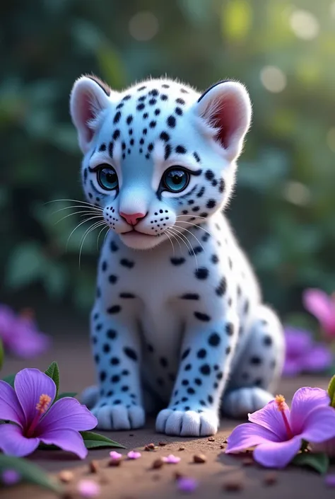 Create an image of a realistic light blue Jaguar puppy with spots and purple hibiscus flowers on the floor