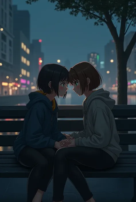 Create an image of a teenager and a teenager with green eyes and brown hair sitting on a bench looking at each other in the most real night in a city environment