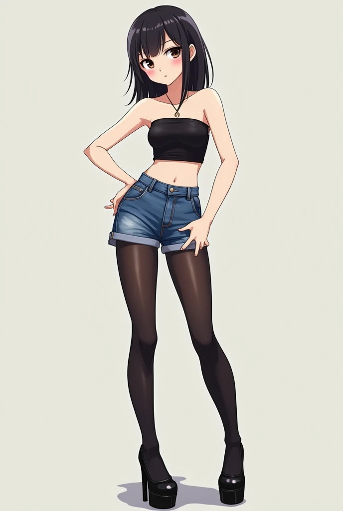 very young anime girl in very short shorts dark black pantyhose that go to her waist tube top and platform high heels