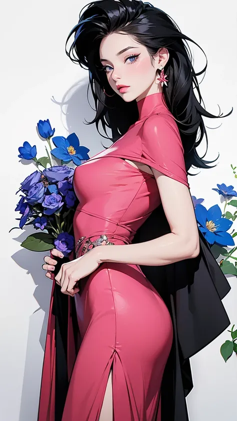 Create an artwork featuring a petty fascinating European woman in a dress, standing gracefully in front of a vibrant display of flowers. The piece should be inspired by the distinctive art style of Patrick Nagel, known for its bold lines and minimalistic a...