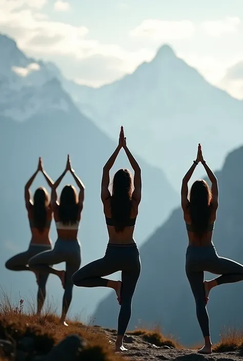 Sun salute yoga posing pretty brunette women, Mountains in the background with backs to me