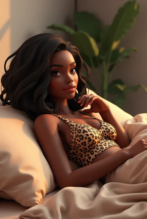 38 year old 3D-style black woman wearing a leopard shirt lying on the bed 