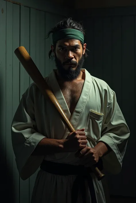  a busy man with a baseball bat and headband in a dark room, a character portrait inspired by Yoshihiko Wada,  presented in the CGSociety style , shin hanga,  dramatic portrait of Uuen ,  dramatic portrait of Namenlos , dramatic serious pose,  portrait pho...