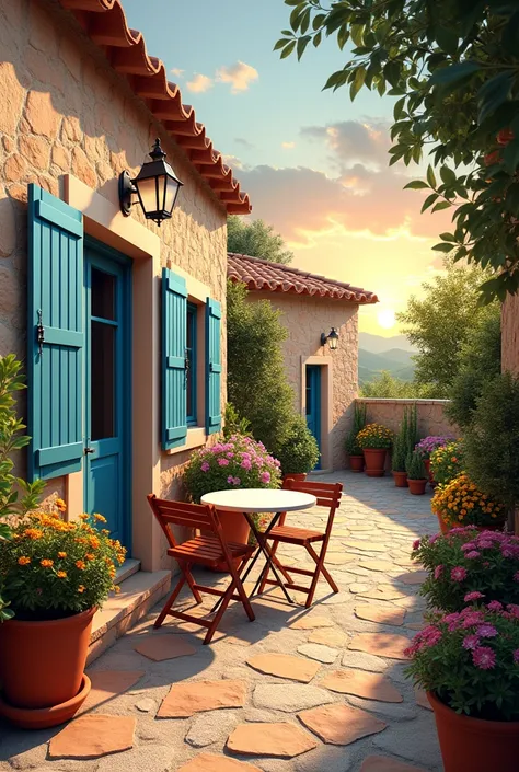 Front facing
Spanish finca stone walls.
Open blue shuttered windows
Colourful plants in terracotta pots
Gravel pathway
Sunset in background

Bistro table and chairs