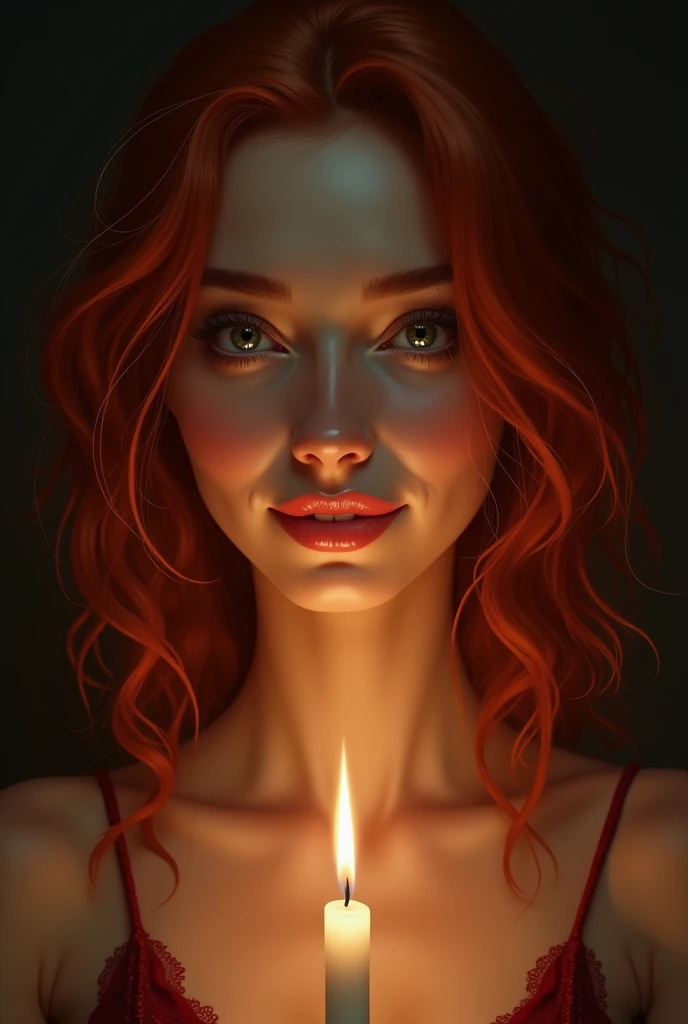 Face of a red-haired woman smiling with a candle in the dark 