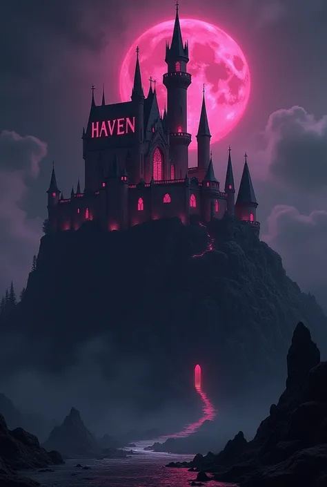 Black and dark pink castle at night with the name Haven on top
