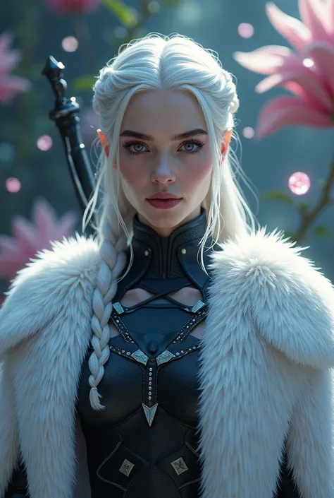 Targaryen Woman, stunning beauty, kind face. Silver hair braided and tied in a bun, white skin, violet eyes, with a furry fur coat, with light blue details, game of thrones painting style, wearing black armor, wielding a sword, ((best qualityr)) , (detaile...