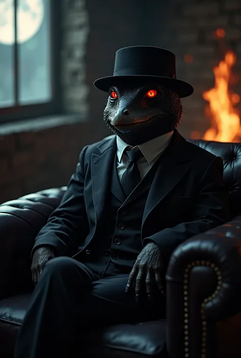  An original-size red-eyed platypus dressed in a black suit and black adventurers hat sitting on a long black leather armchair in the corner of a dark room next to the window and a campfire, In the window you can see the moon , is looking straight ahead wi...