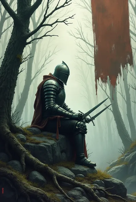 illustration,  background - a destroyed forest after the war, banners around ,  the tired knight sits on a rock ,  in the knights hands two blades 