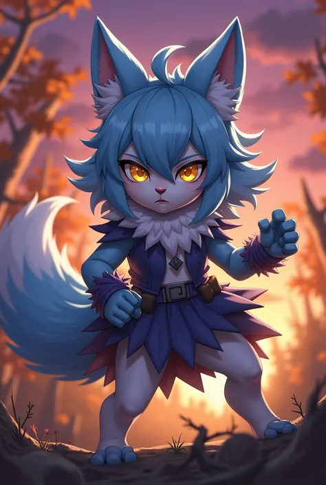 fox Light blue hair 　beast girl　indigo fur　fox beast girl　Sesshomaru, Yellow eyes, Anime, Perfect face, Perfect Lighting, Outdoors, Warm colors, Dark purple sky, Autumn sunset,   Bearing Claw, Ready to fight　fox Light blue hair 　beast girl　indigo fur　fox b...