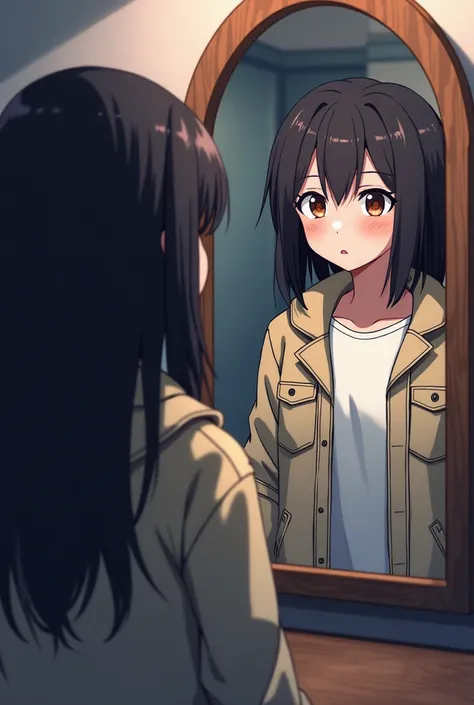 A girl with big hair looking at a mirror while wearing a jacket.  The reflection may show a subtle detail of transformation : in the mirror,  Christian may appear more aligned with their masculine identity.
The background of the setting may be abstract ,  ...