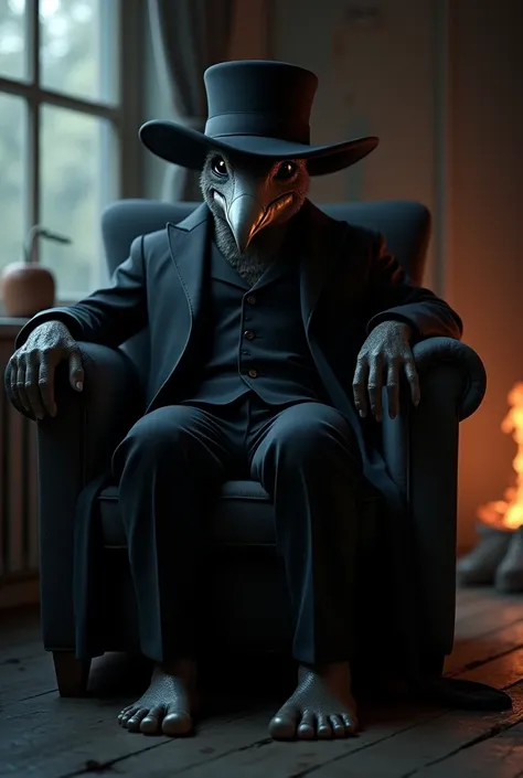 Full-size platypus in a dark room with an evil gaze looking straight ahead sitting on a long black armchair next to the window and a campfire in a black suit and wide hat without shoes