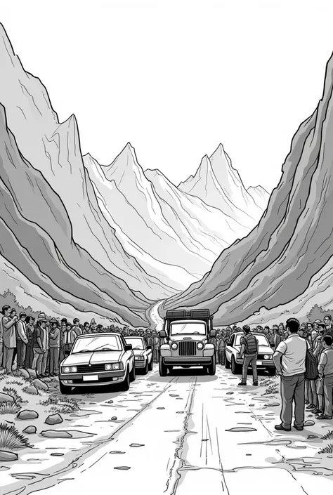  A black and white cartoon image of a blocked road ,  based on the Andes and Bolivia  , Trace and drawing containing some cars stuck and people blocking 