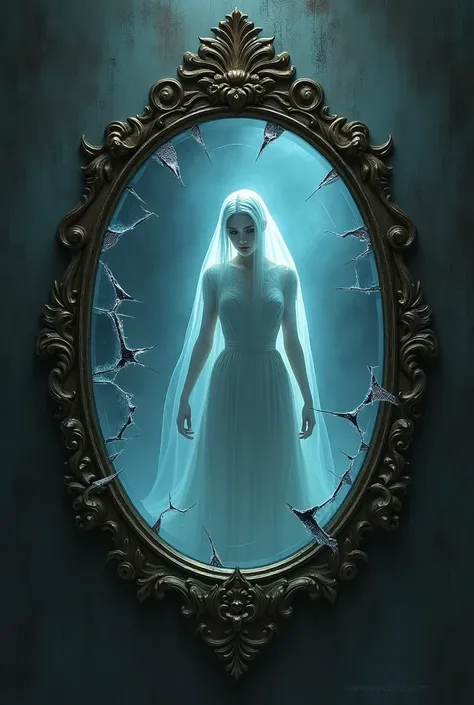 a mirror cracked in the center with a lady ghost reflection seen through the crack, deep focus, d & d, fantasy, intricate, elegant, highly detailed, digital painting, artstation, concept art, matte, sharp focus, illustration, hearthstone, art by artgerm an...