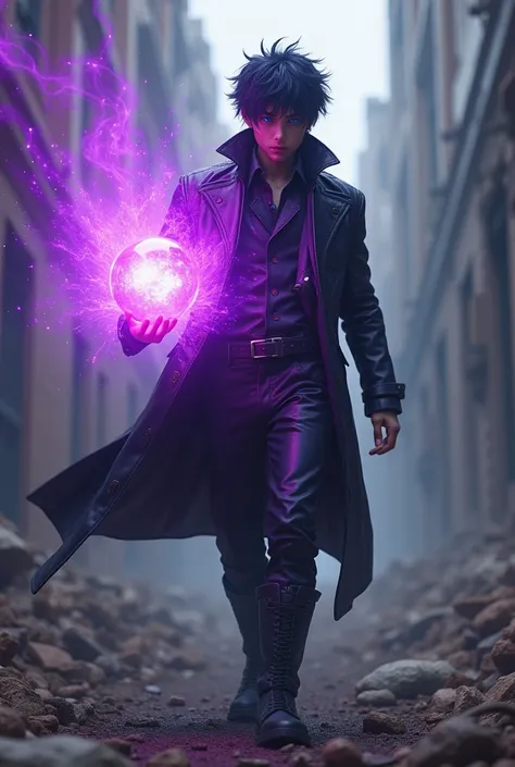  Realistic and detailed purple energy ball in the hand of a powerful, Satoru Gojo, Alone, ( Blue eye detail )jacket, gakuran, ( masterpiece  , better_quality ) , (rock pose ), Realistic infinite ray in ball , Walking through a destroyed place ,
