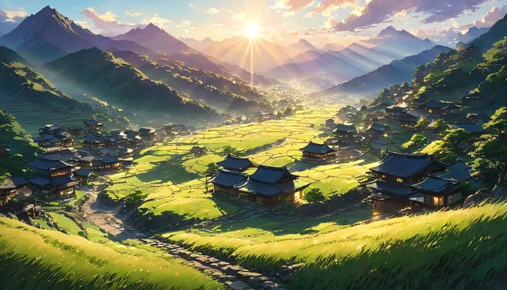 anime of a village with a mountain, light, cozy, Shadow, mysterious, beautiful, Contrast, dynamic, nature,beautiful Anime Scenery, Landscape painting, Beautiful digital painting, Andreas Rocha, illustration of a beautiful artwork, Awesome Wallpapers, Raymo...