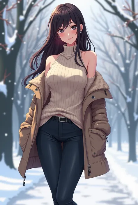 Anime adult woman with sexy figure in a winter outfit, keeping the sweater but adding a winter jacket around her shoulders and winter style pants and shoes.