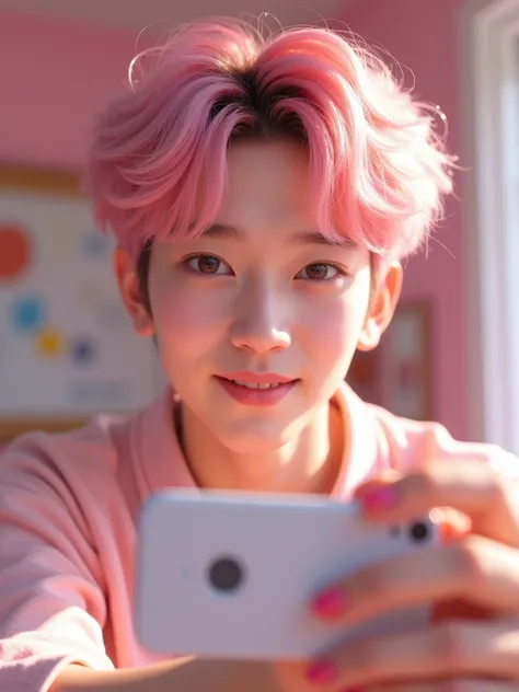  There is a boy who is taking a selfie with his phone., Anh Seongmin  de Cravity, Seongmin de Cravity, Cravity Seongmin , pink hairstyle, Cravity Seongmin , , The Hime, shikami, cute,  selfie
Seongmin Cravity ,  cute asian boy , Anh Seongmin ,  Cravity han...