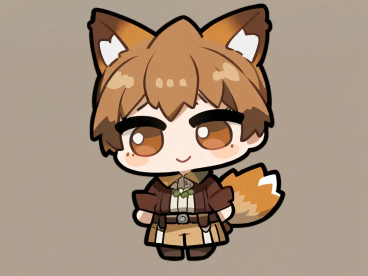 Italian kitsune 23 year old man in a chibi anime style with brown hair, brown ears, and brown tail, mouth open with a smile