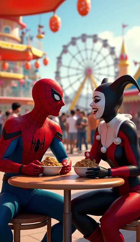  Spiderman and harley quiin laughing happily eating in funfair crowd. with beautiful view . realistic 